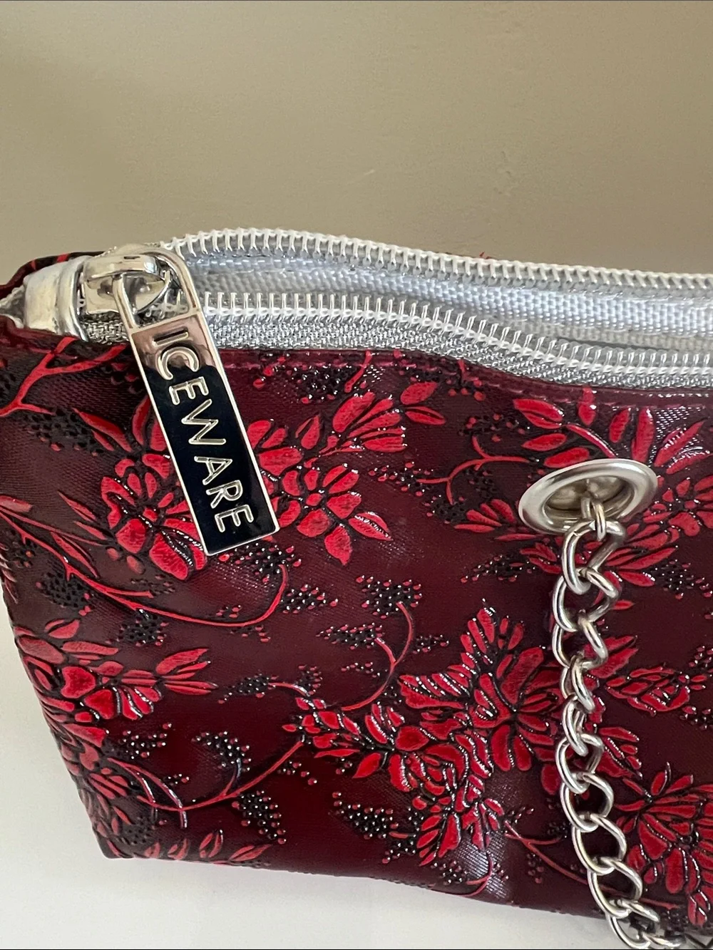 Iceware Red Floral Embossed Chain-Handle Clutch.